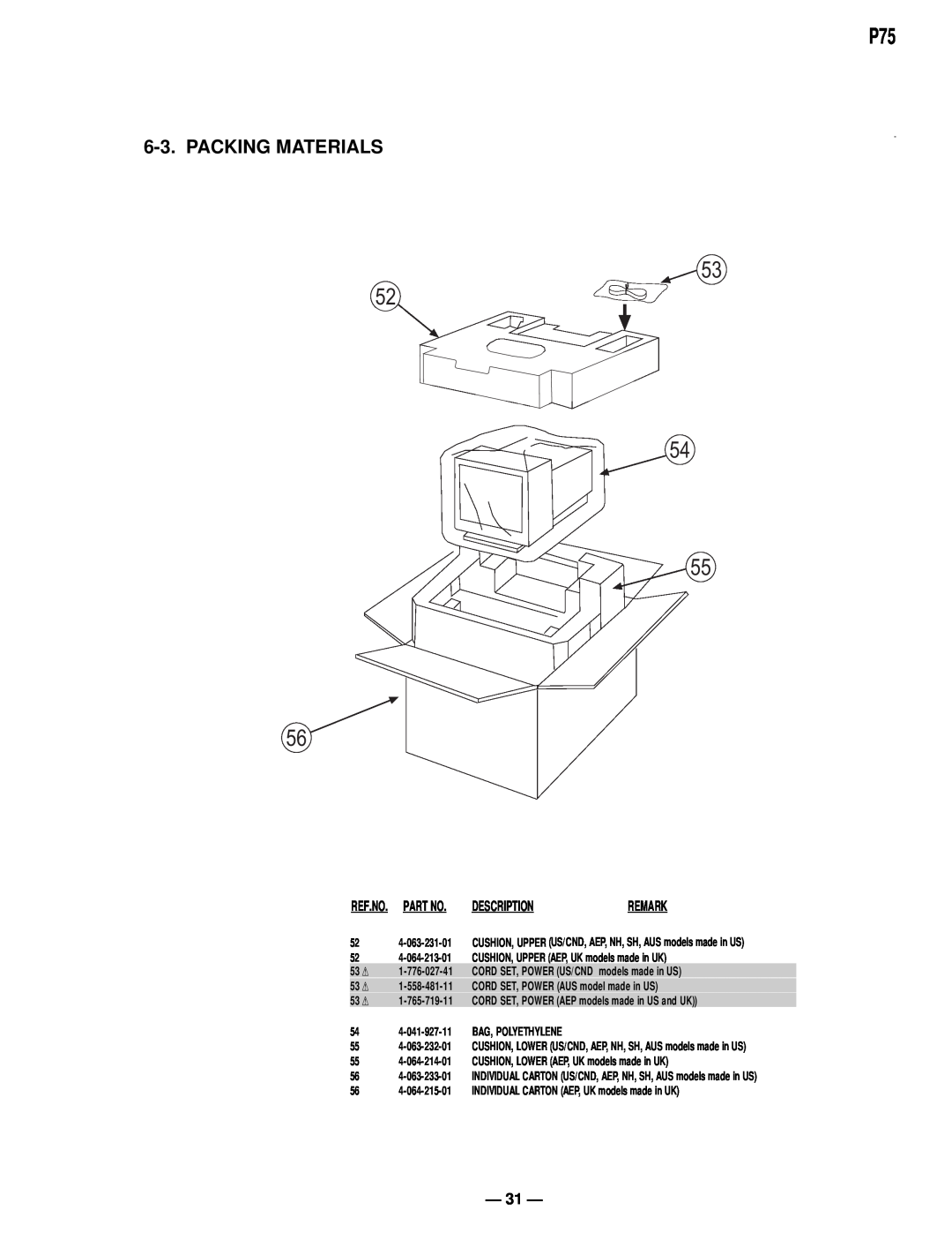 Compaq D-1H specifications Packing Materials, Description, Remark, Ref.No 
