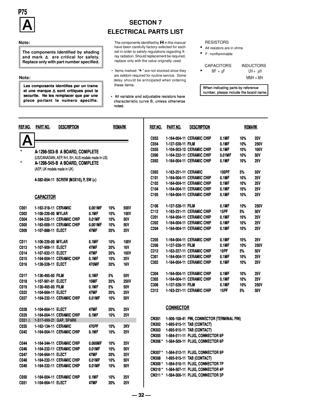 Compaq D-1H Section Electrical Parts List, A-1298-503-B A BOARD, COMPLETE, A-1298-545-B A BOARD, COMPLETE, Capacitor 
