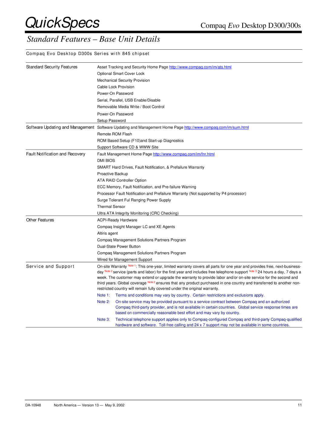 Compaq D300 warranty Fault Notification and Recovery, Other Features, Ser vi ce and Support 