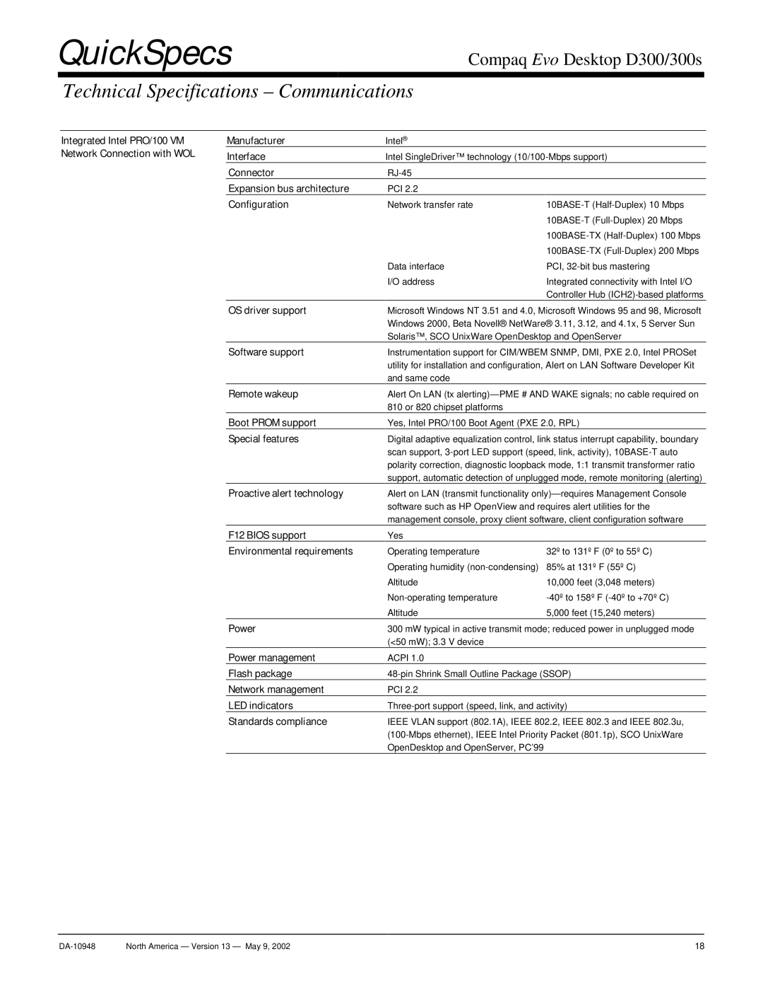 Compaq D300 warranty Technical Specifications Communications 