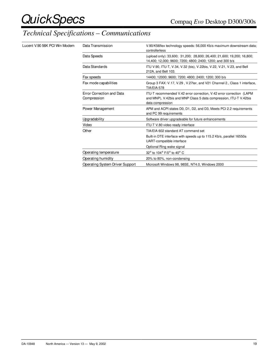 Compaq D300 Lucent V.90 56K PCI Win Modem Data Transmission, Data Speeds, Data Standards, Fax speeds, Upgradability, Video 