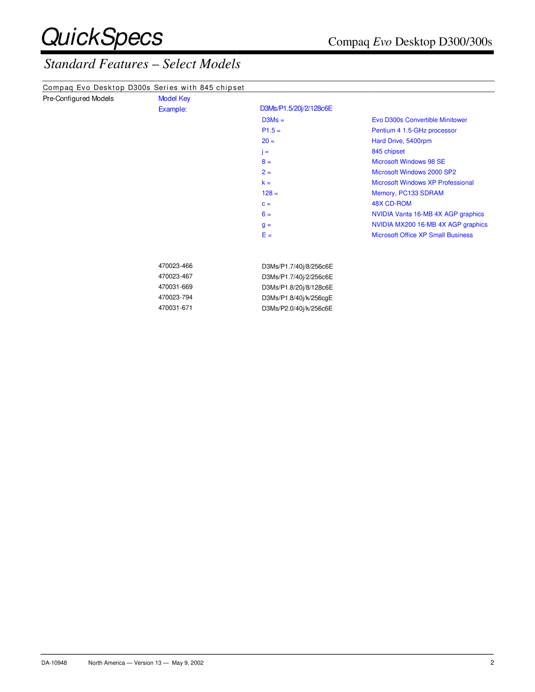 Compaq D300 warranty Standard Features Select Models, Compaq Evo D es k top D3 00s Se ri es wi th 84 5 chip se t 