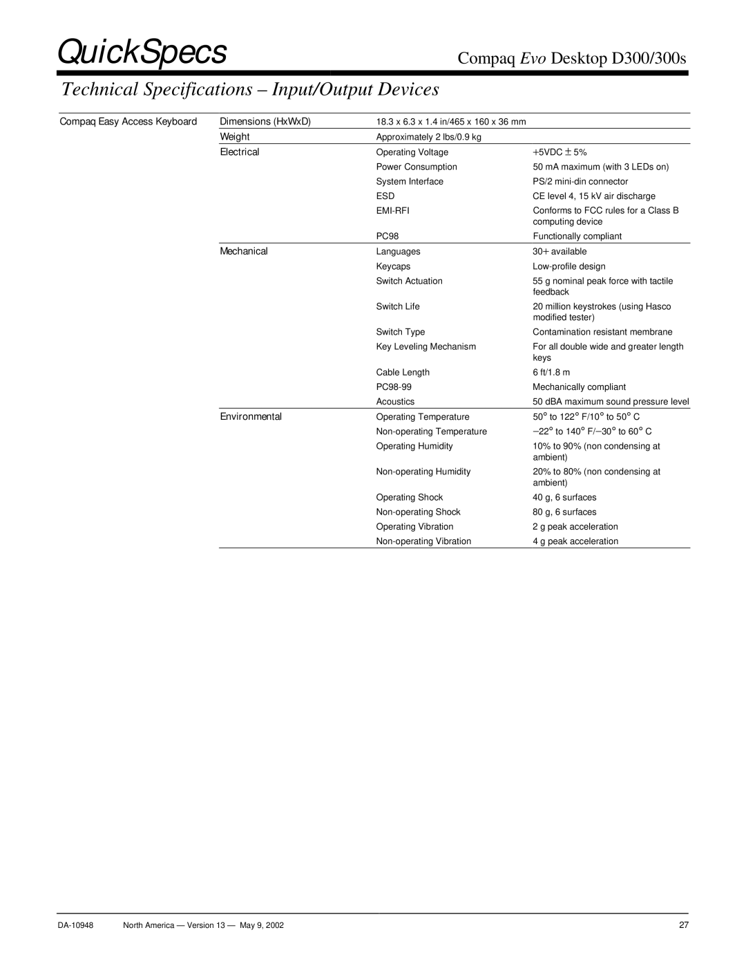 Compaq D300 warranty Technical Specifications Input/Output Devices 