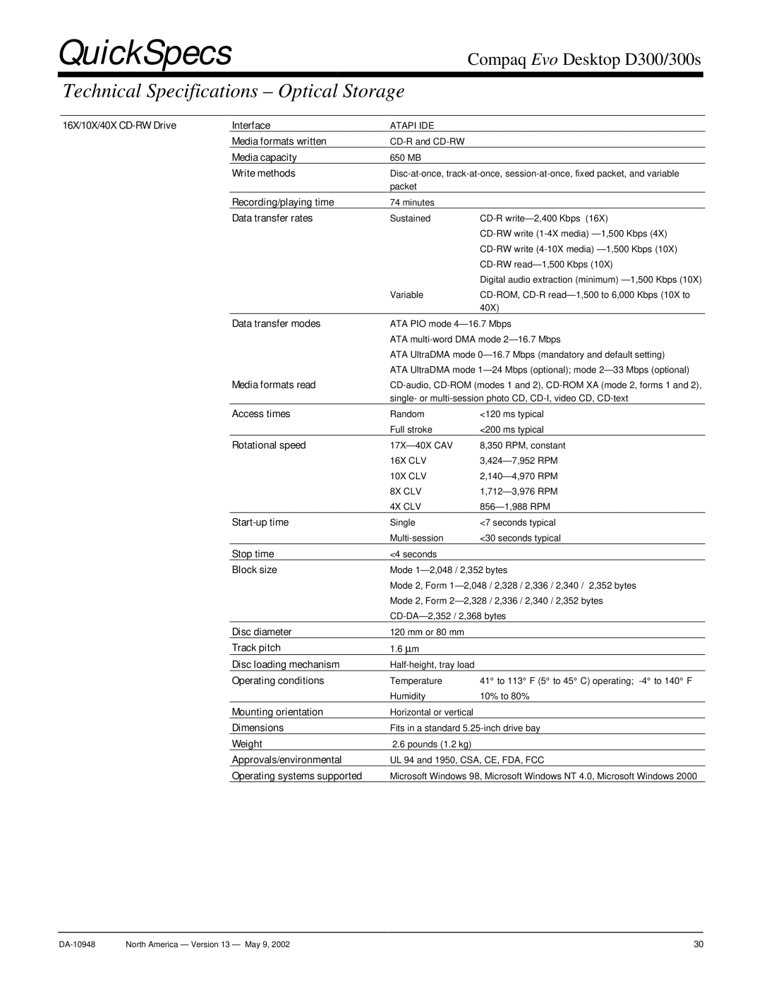 Compaq D300 16X/10X/40X CD-RW Drive Interface, Media formats written, Media capacity, Write methods, Data transfer rates 