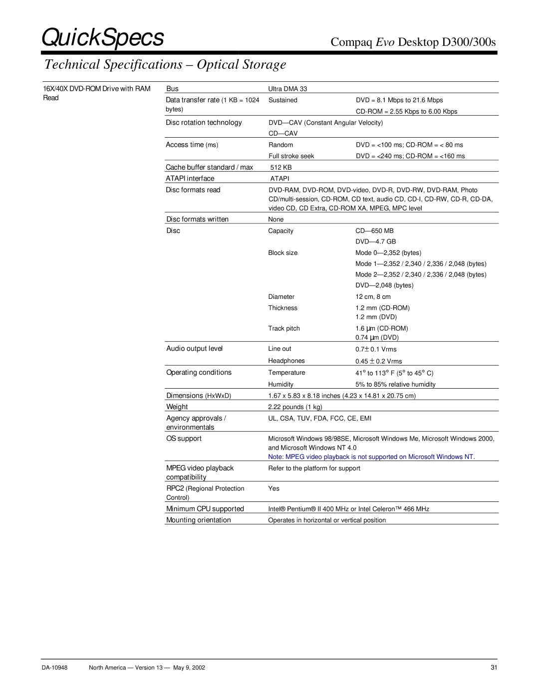 Compaq D300 16X/40X DVD-ROM Drive with RAM Read Bus, Data transfer rate 1 KB =, Disc rotation technology, Atapi interface 