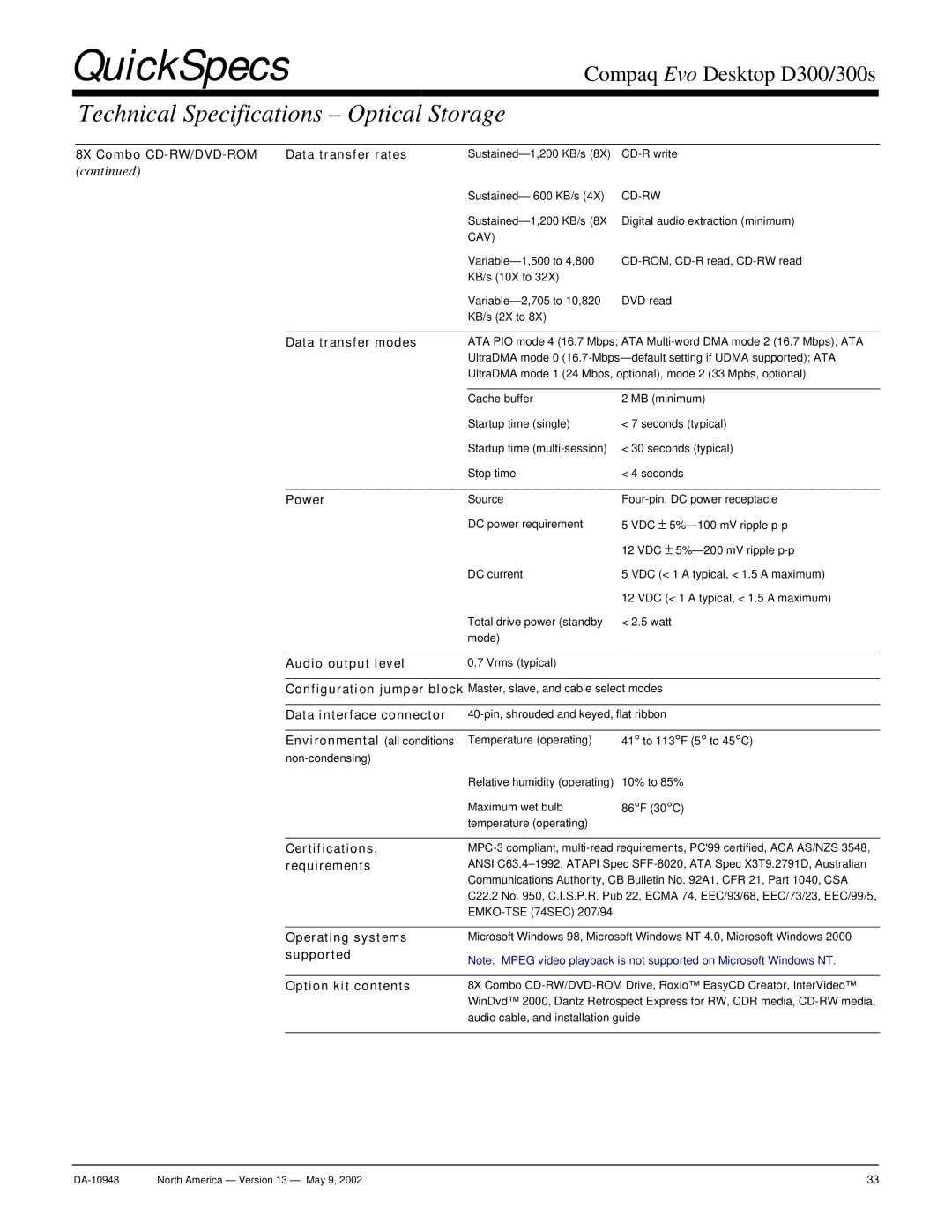 Compaq D300 warranty 8X Combo CD-RW/DVD-ROM Data transfer rates, Data interface connector, Certifications, requirements 