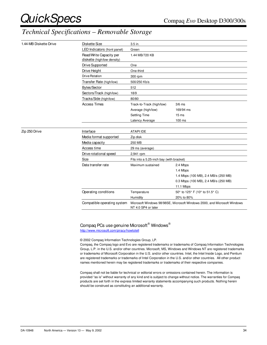 Compaq D300 warranty Technical Specifications Removable Storage 