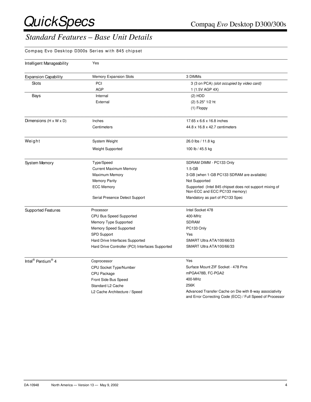 Compaq D300 warranty Standard Features Base Unit Details 