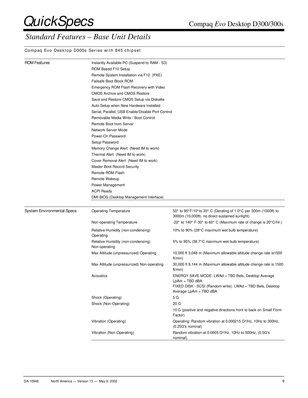 Compaq D300 warranty System Environmental Specs 