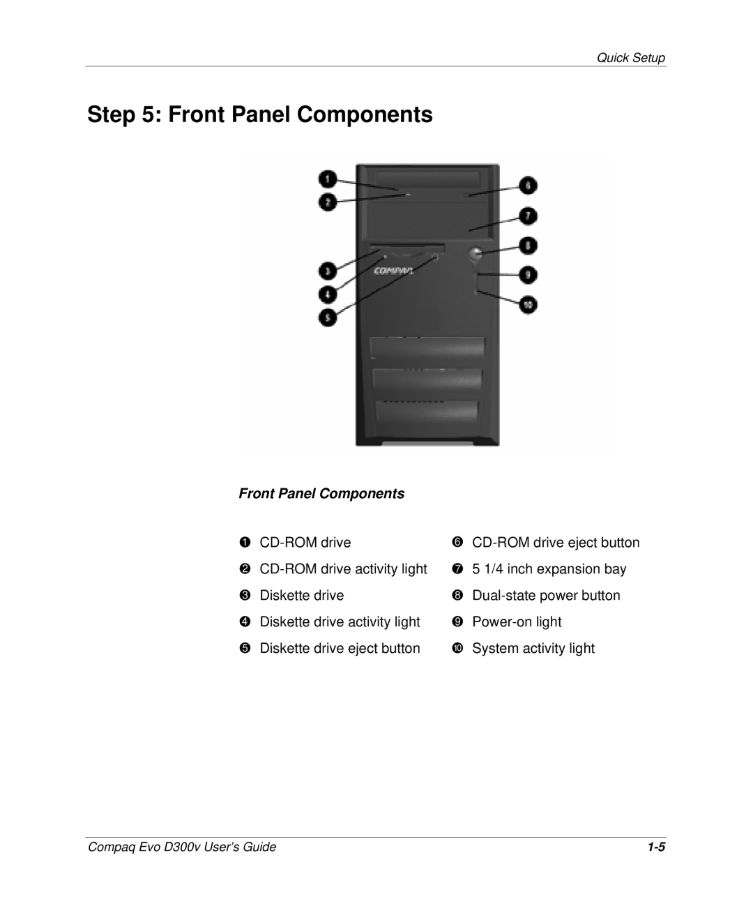 Compaq D300v Series manual Front Panel Components 