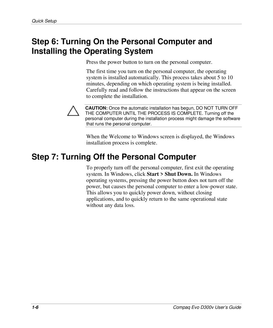 Compaq D300v Series manual Turning Off the Personal Computer 