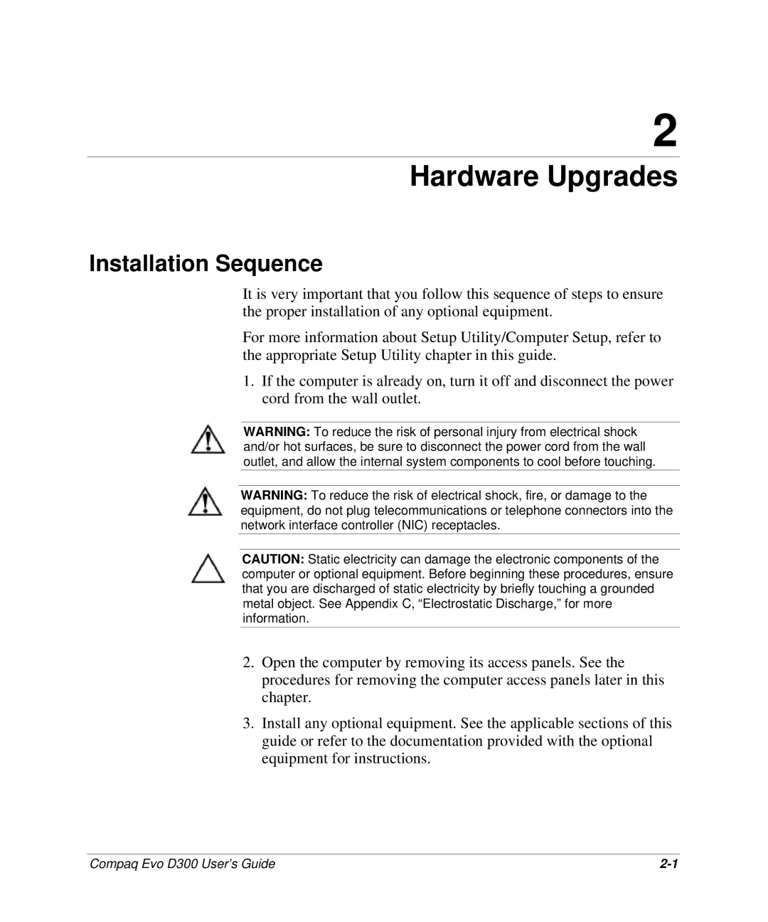 Compaq D300v Series manual Hardware Upgrades, Installation Sequence 