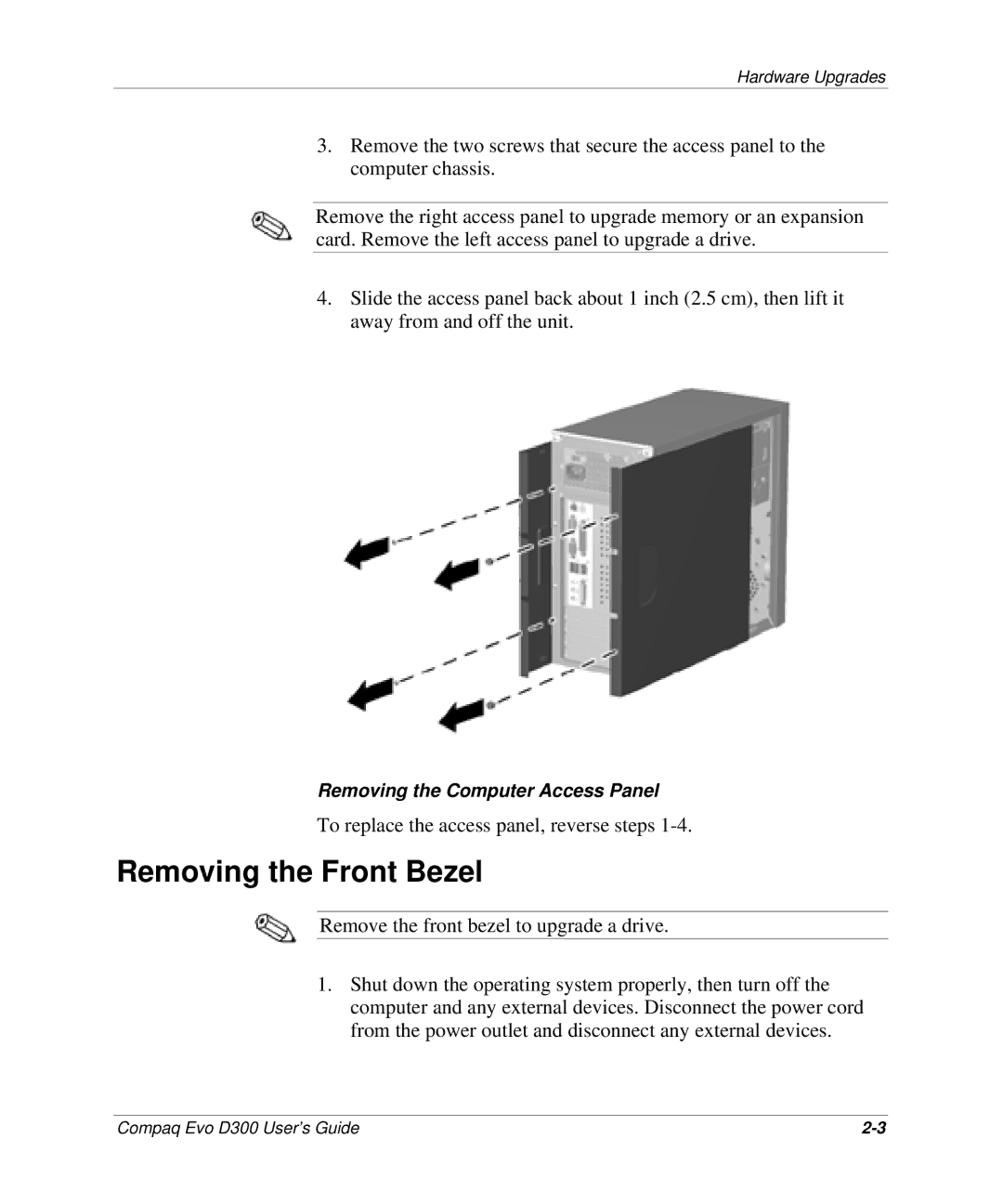 Compaq D300v Series manual Removing the Front Bezel 