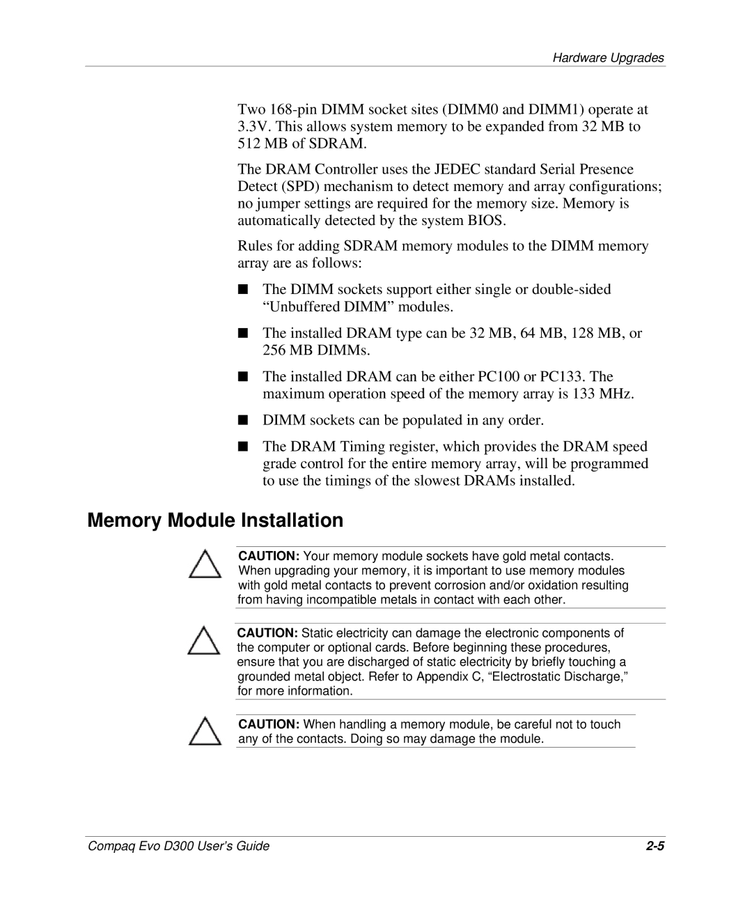 Compaq D300v Series manual Memory Module Installation 