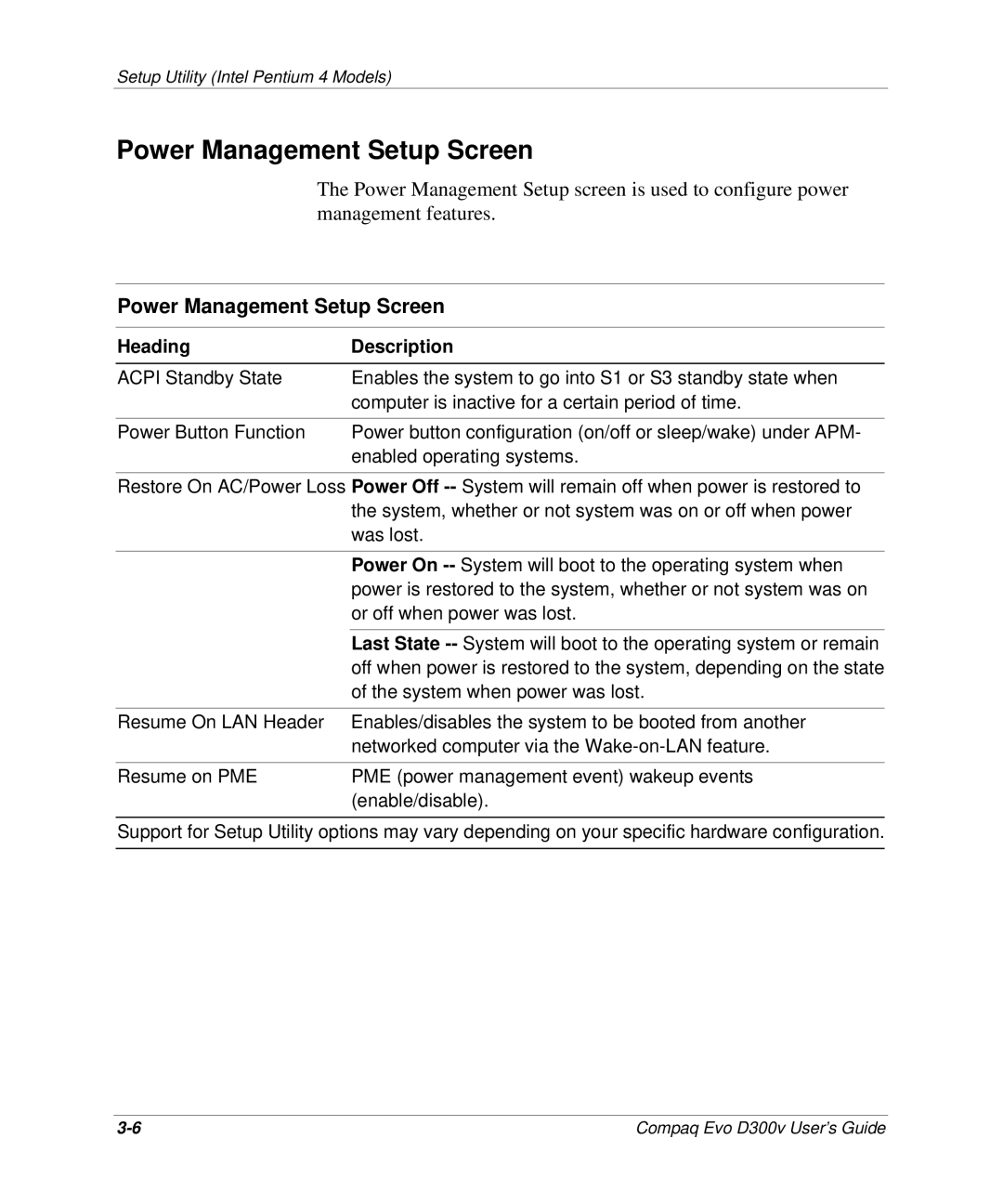 Compaq D300v Series manual Power Management Setup Screen 