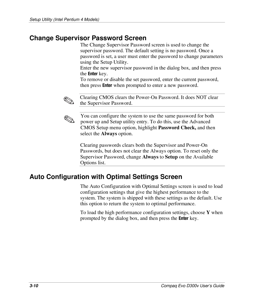 Compaq D300v Series manual Change Supervisor Password Screen, Auto Configuration with Optimal Settings Screen 