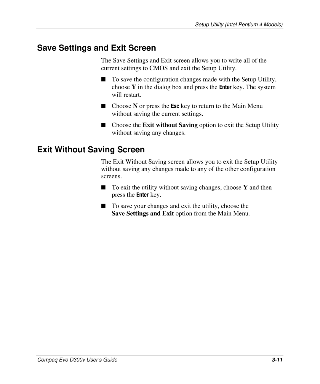 Compaq D300v Series manual Save Settings and Exit Screen, Exit Without Saving Screen 