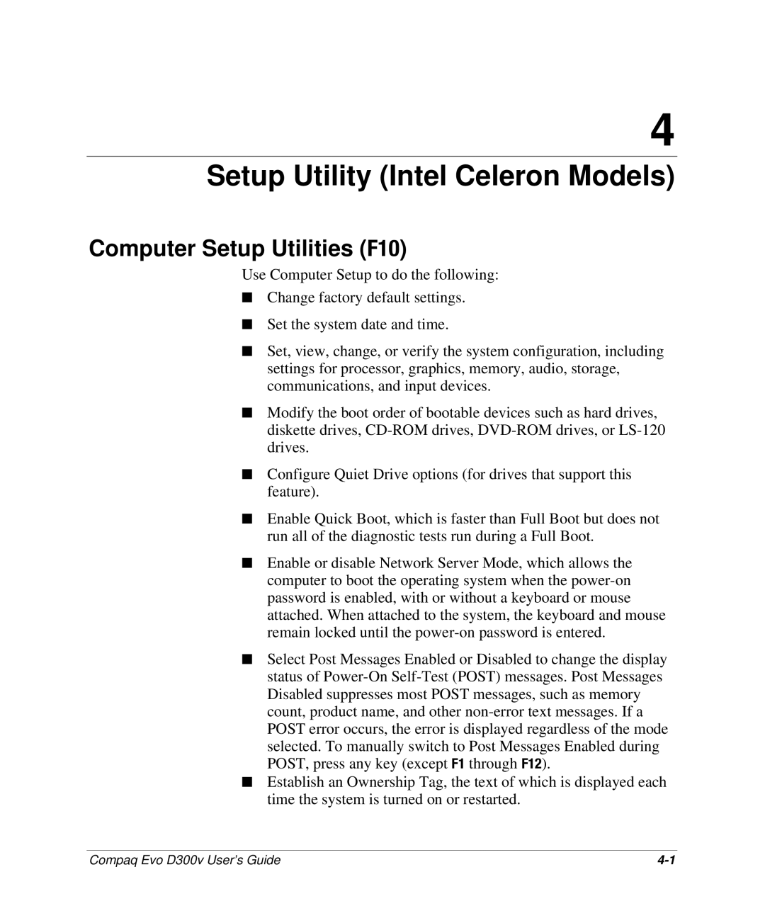 Compaq D300v Series manual Setup Utility Intel Celeron Models, Computer Setup Utilities F10 