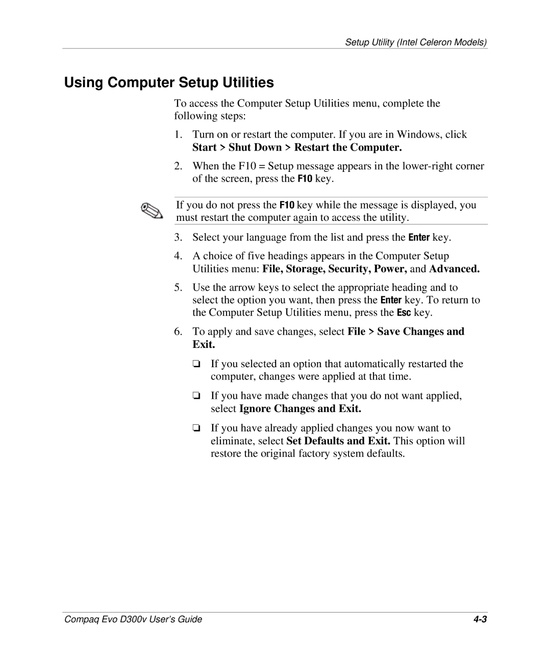 Compaq D300v Series manual Using Computer Setup Utilities, Exit 