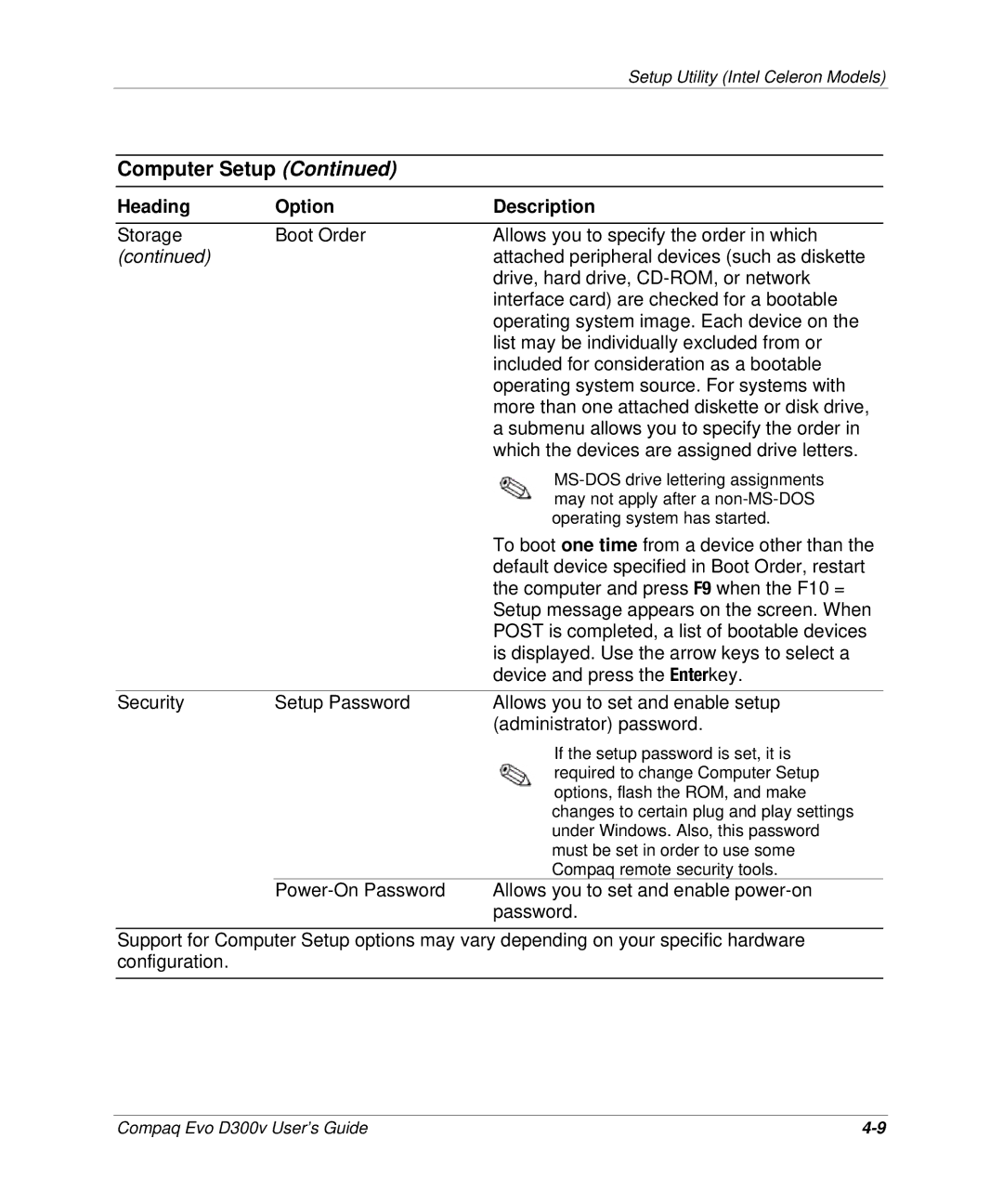 Compaq D300v Series manual To boot one time from a device other than 