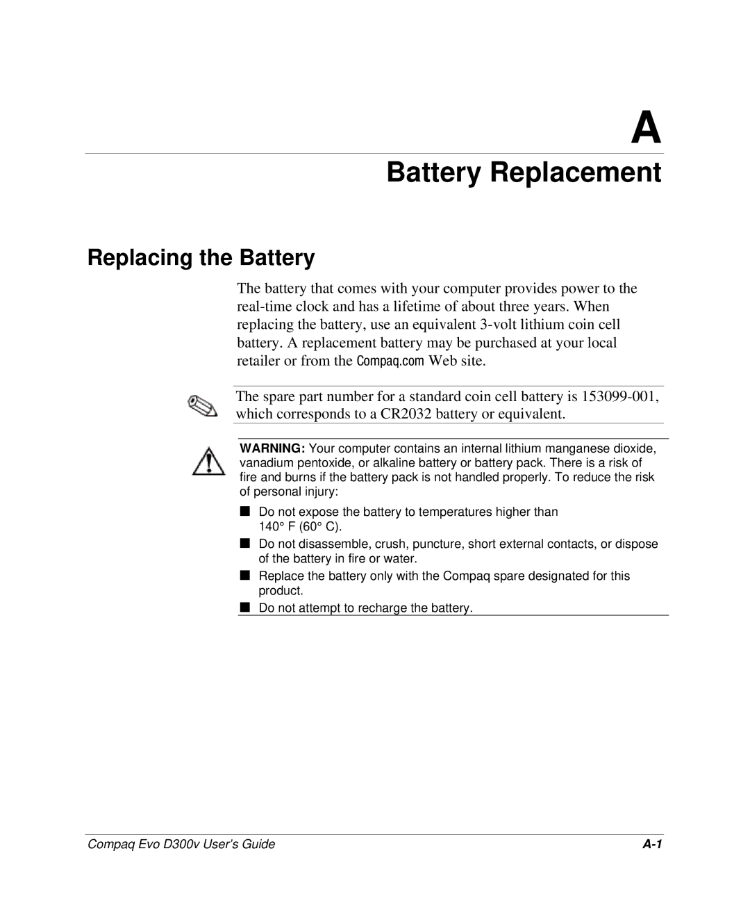 Compaq D300v Series manual Battery Replacement, Replacing the Battery 