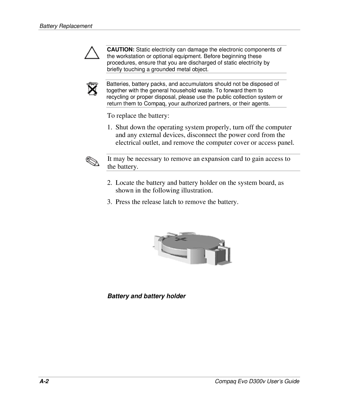 Compaq D300v Series manual Battery and battery holder 