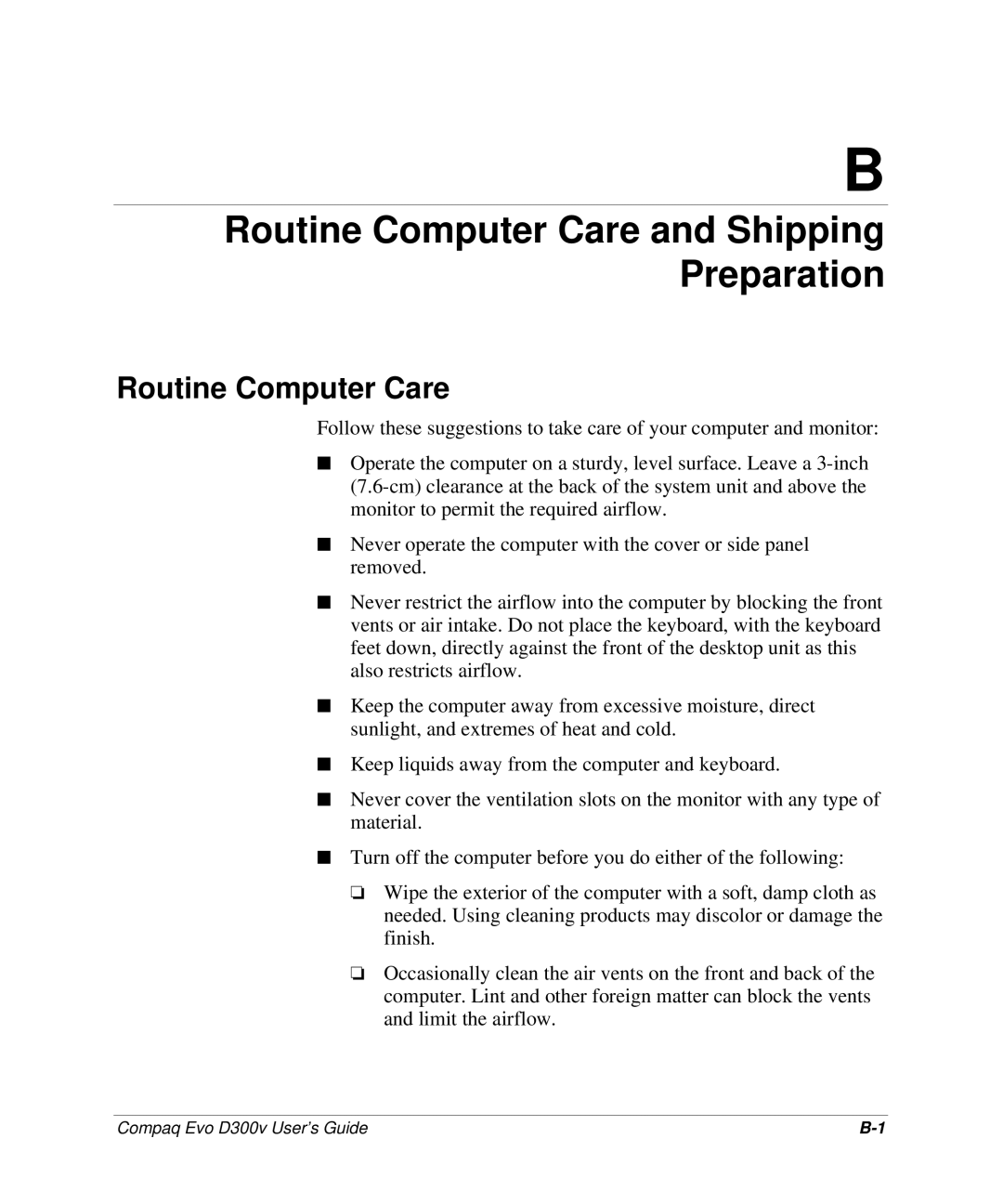 Compaq D300v Series manual Routine Computer Care and Shipping Preparation 