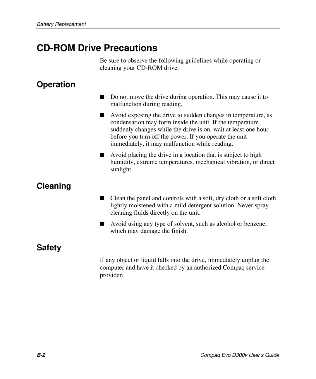 Compaq D300v Series manual CD-ROM Drive Precautions, Operation, Cleaning, Safety 