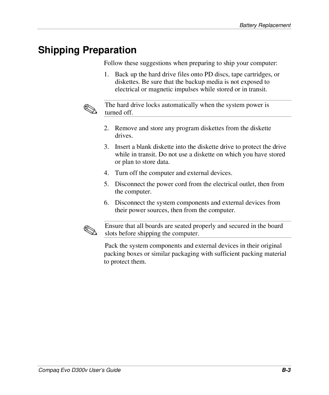 Compaq D300v Series manual Shipping Preparation 