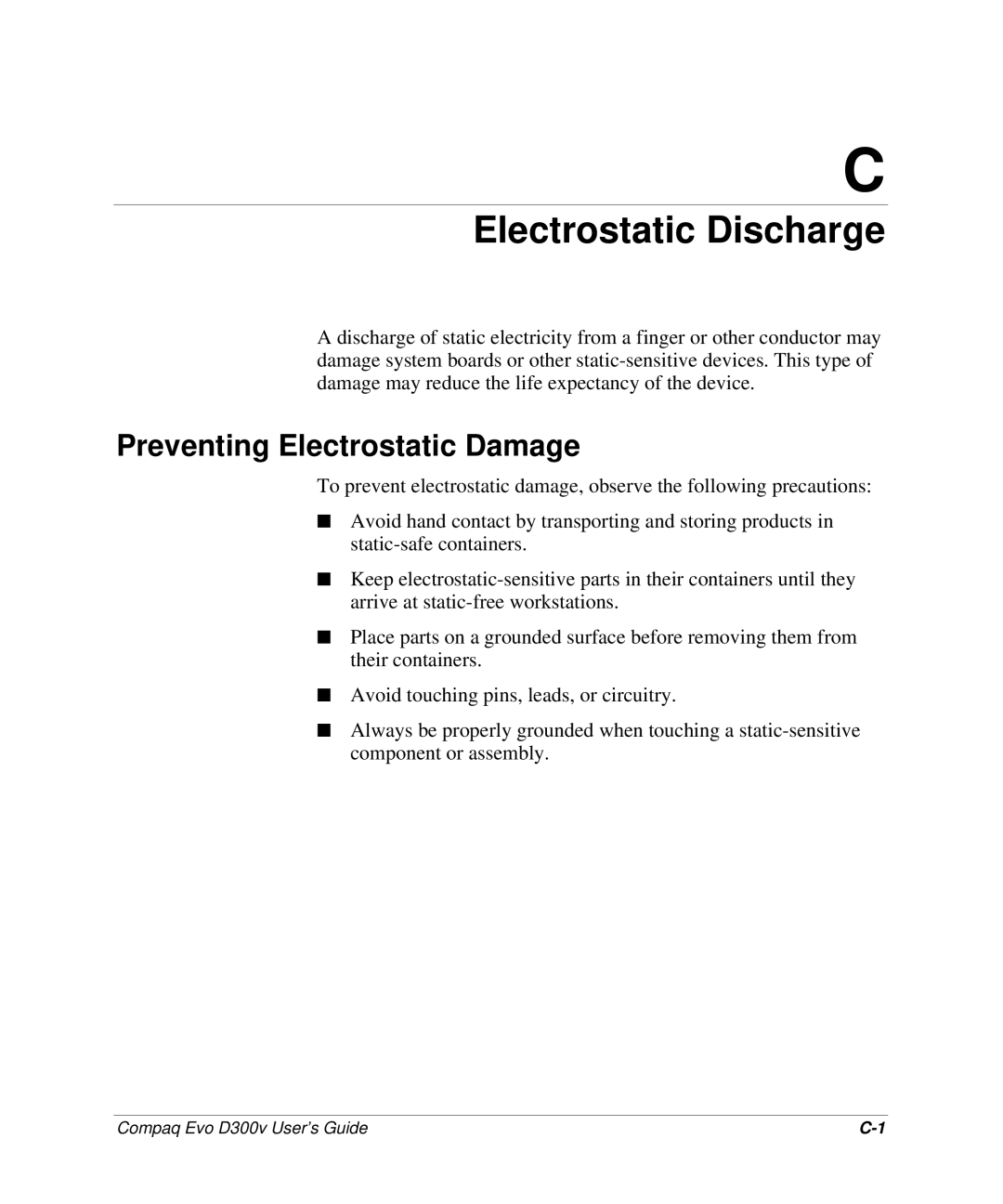 Compaq D300v Series manual Electrostatic Discharge, Preventing Electrostatic Damage 