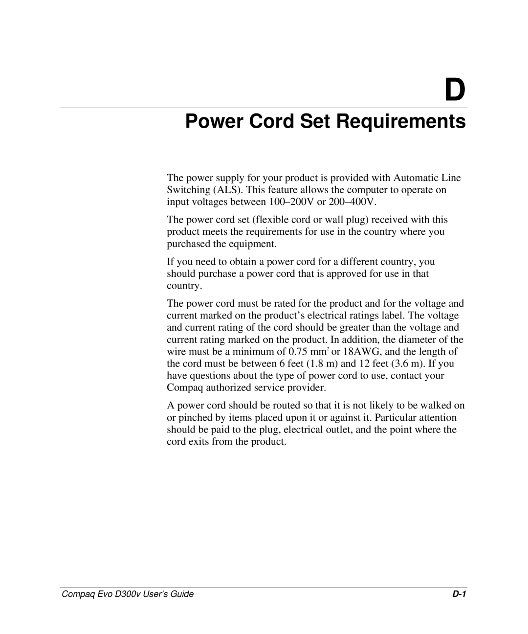 Compaq D300v Series manual Power Cord Set Requirements 