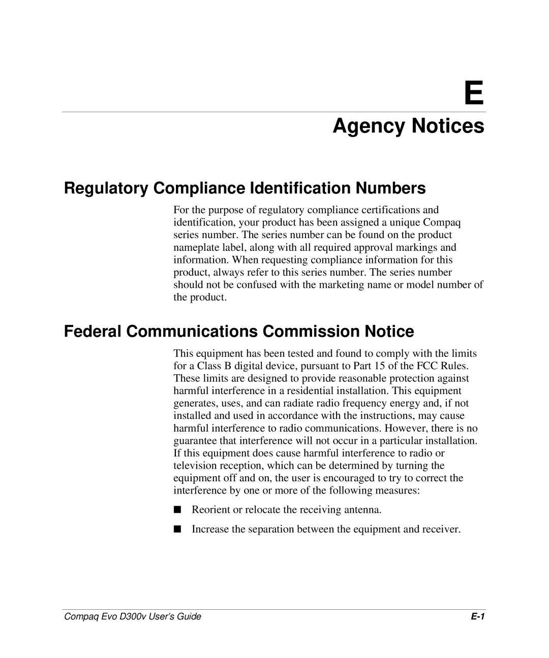 Compaq D300v Series Agency Notices, Regulatory Compliance Identification Numbers, Federal Communications Commission Notice 