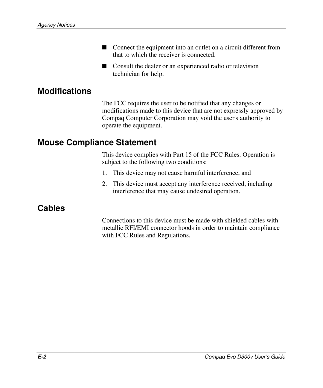 Compaq D300v Series manual Modifications, Mouse Compliance Statement, Cables 