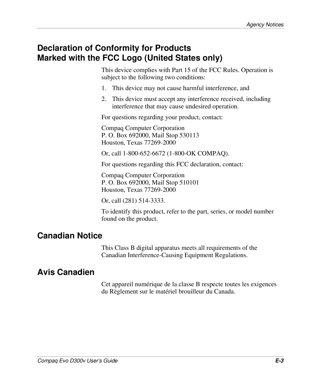 Compaq D300v Series manual Canadian Notice, Avis Canadien 