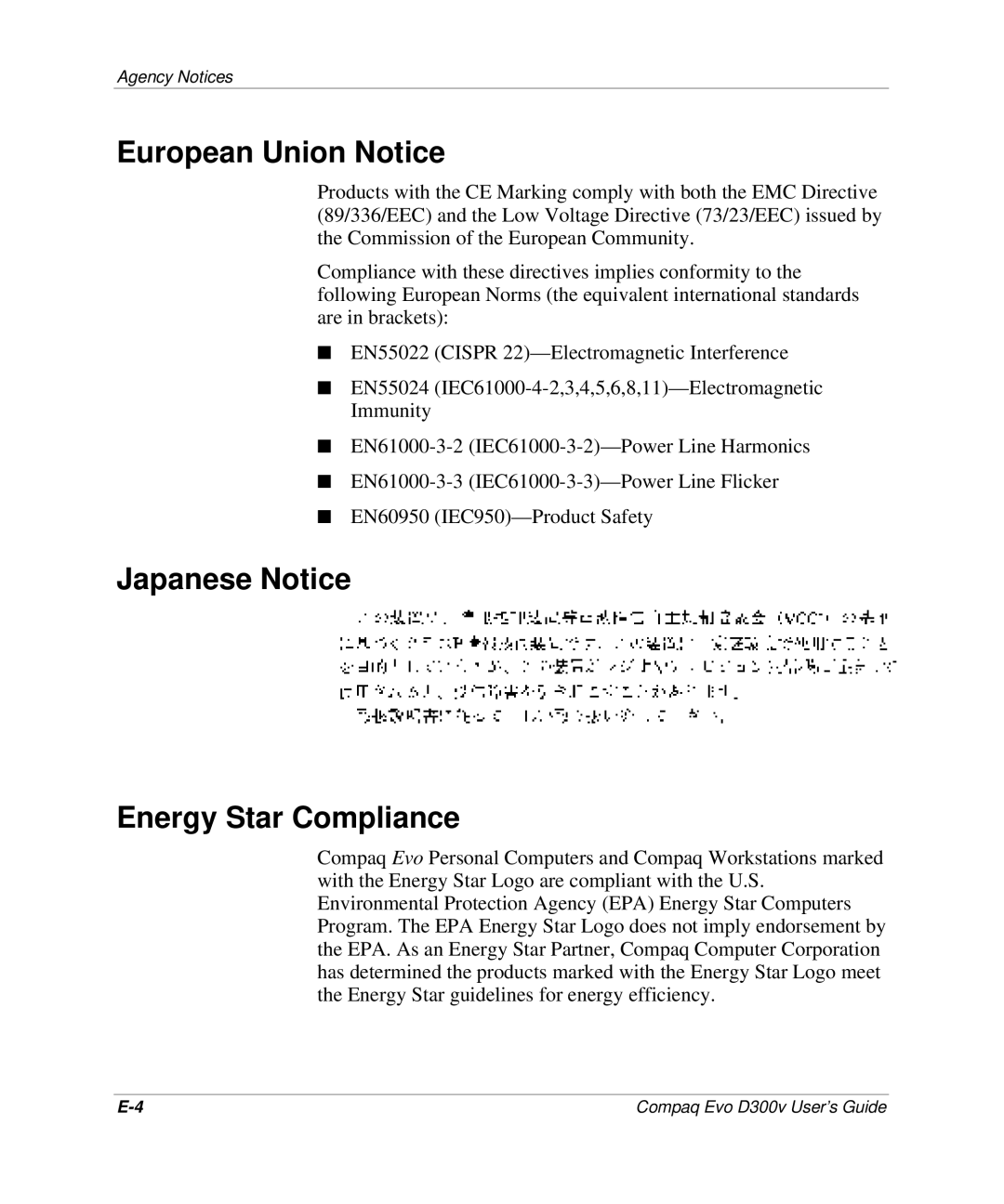 Compaq D300v Series manual European Union Notice, Japanese Notice Energy Star Compliance 