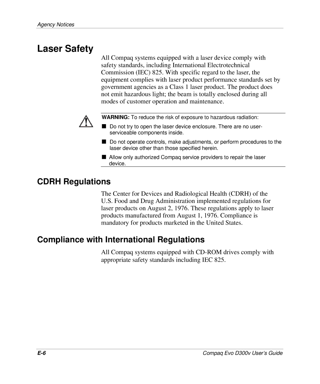 Compaq D300v Series manual Laser Safety, Cdrh Regulations, Compliance with International Regulations 