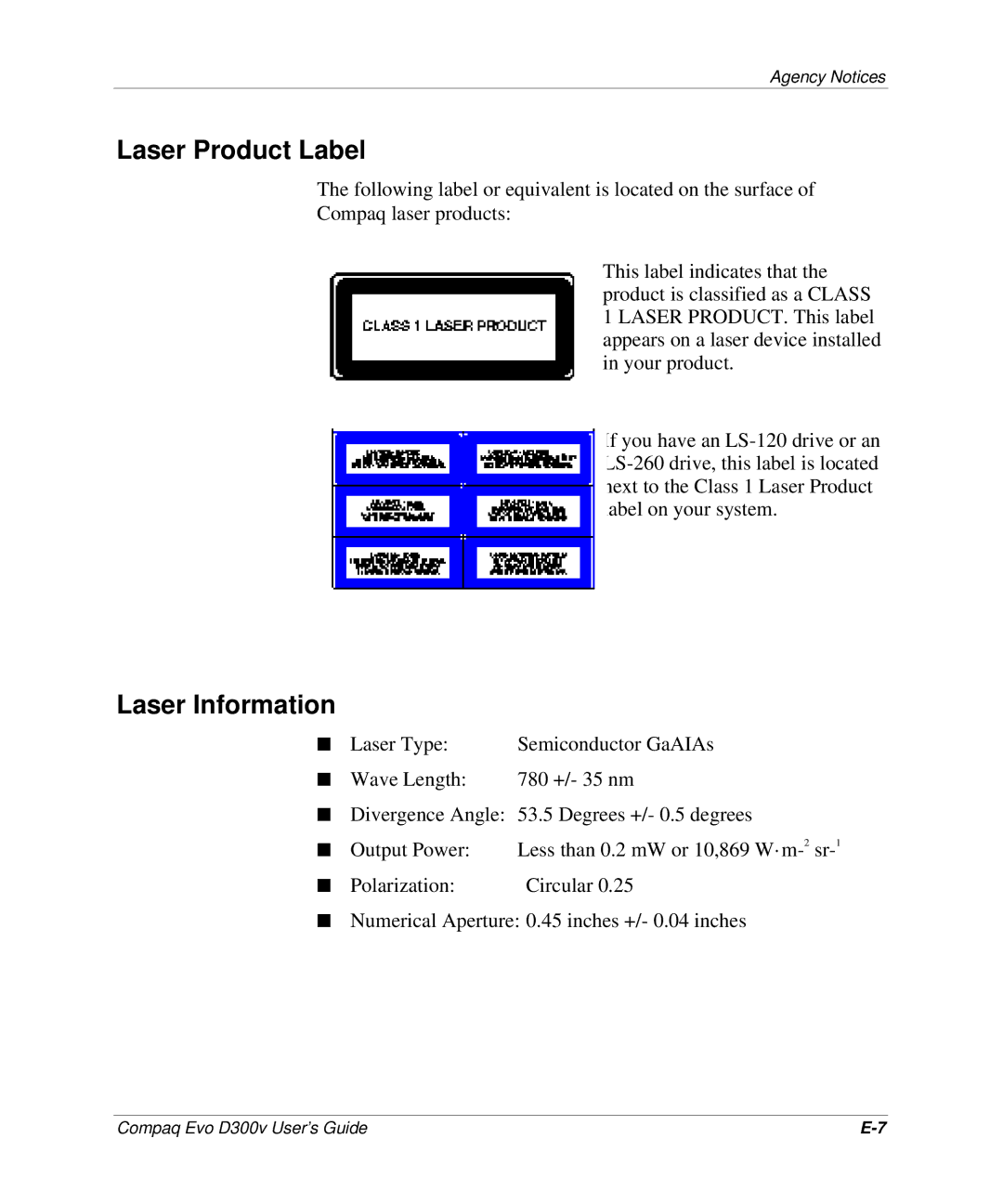 Compaq D300v Series manual Laser Product Label, Laser Information 