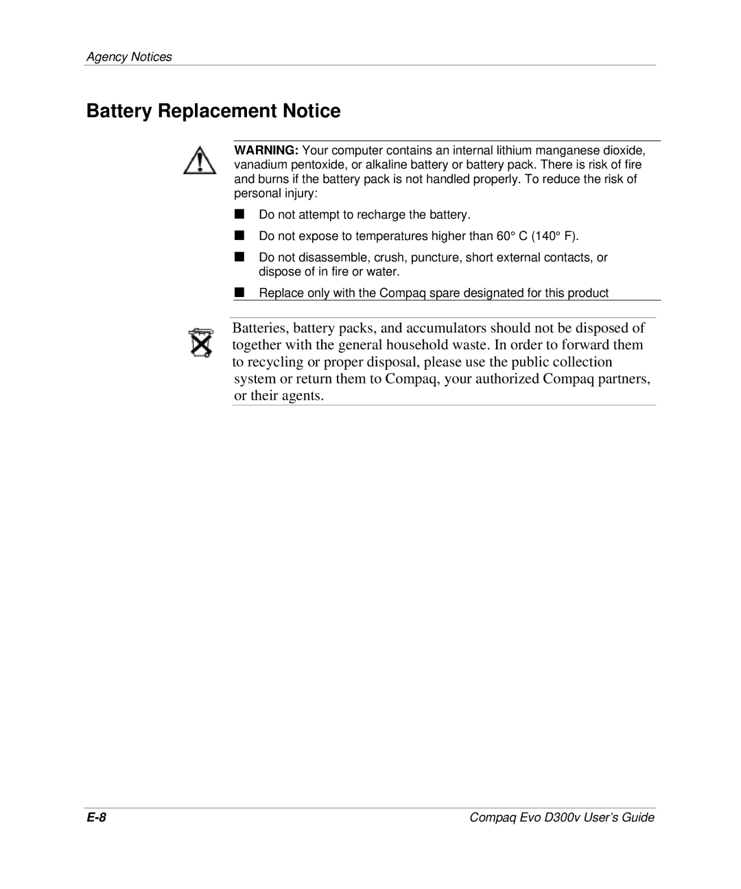 Compaq D300v Series manual Battery Replacement Notice 