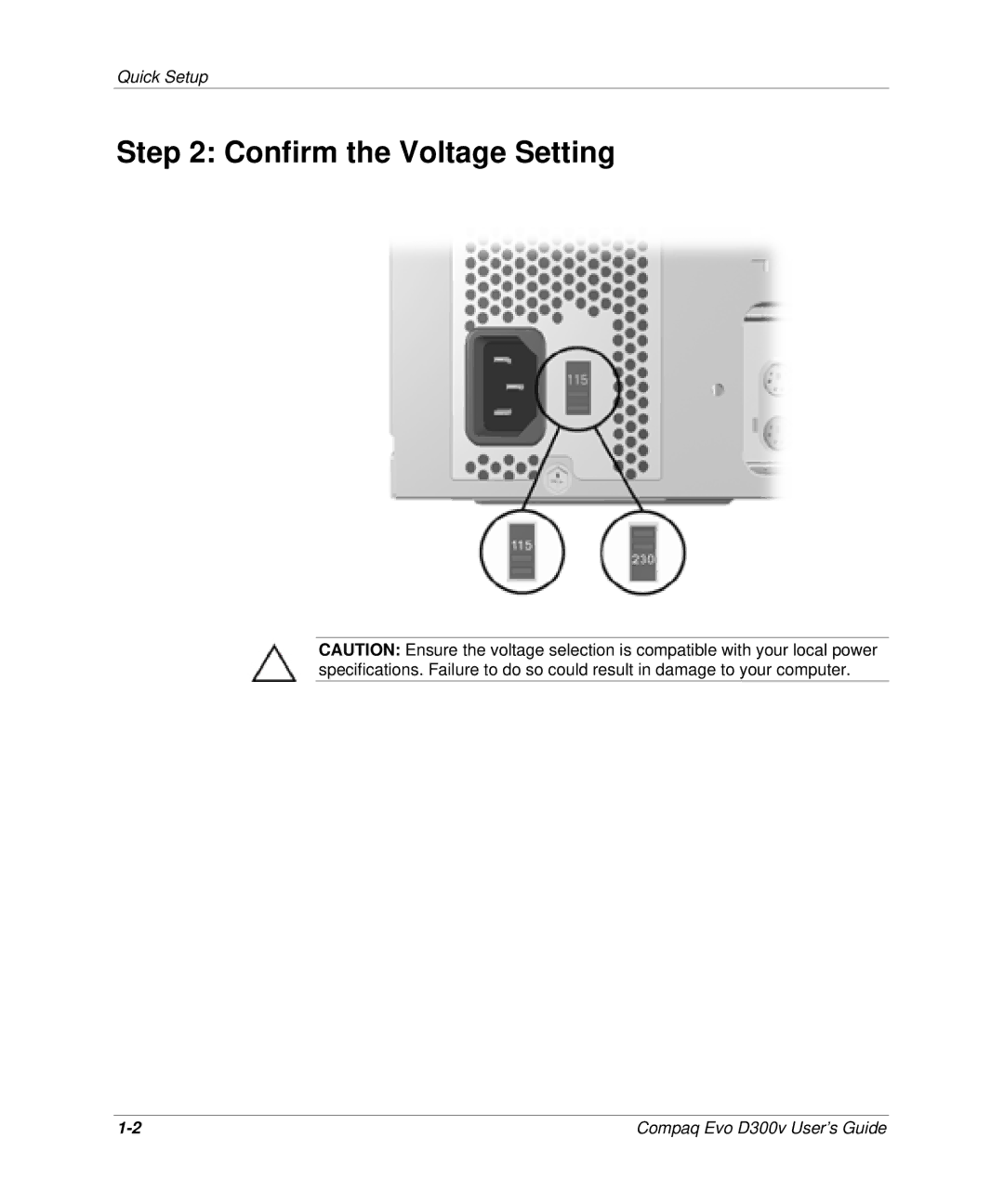 Compaq D300v Series manual Confirm the Voltage Setting 