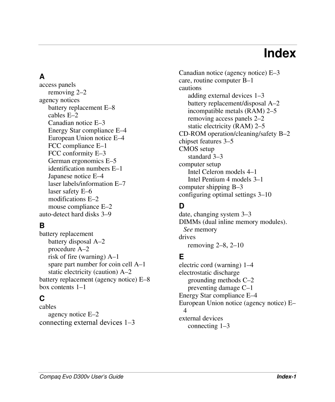 Compaq D300v Series manual Index 