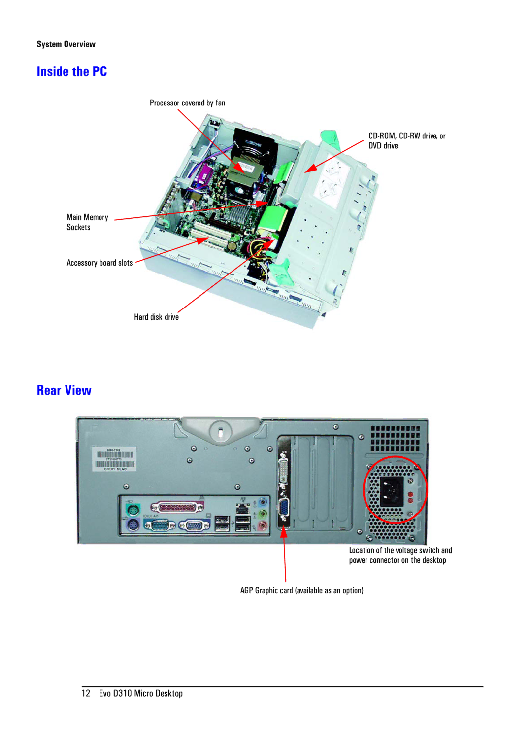 Compaq D310 manual Inside the PC, Rear View, AGP Graphic card available as an option 