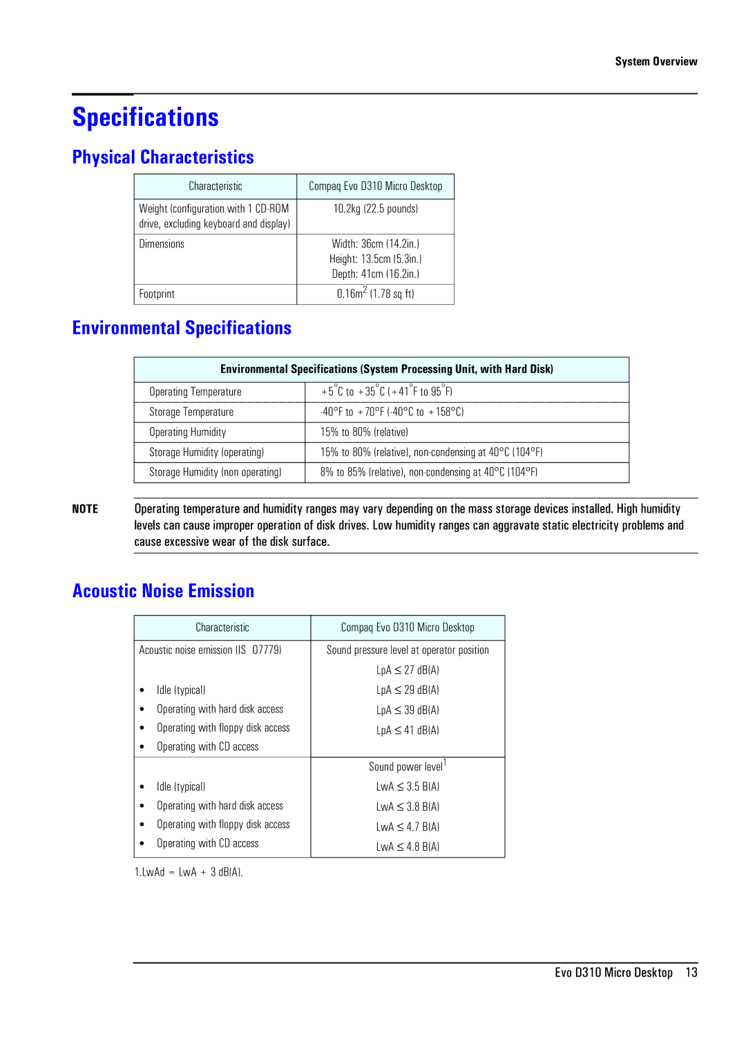 Compaq D310 manual Physical Characteristics, Environmental Specifications, Acoustic Noise Emission 