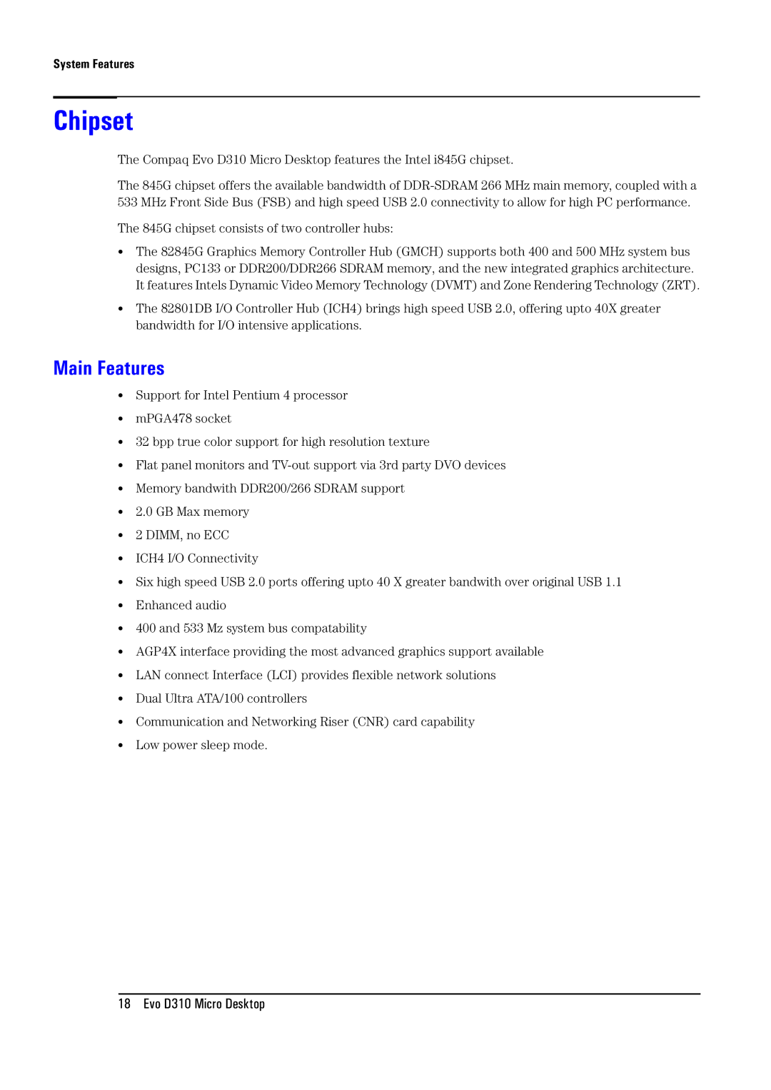 Compaq D310 manual Chipset, Main Features 