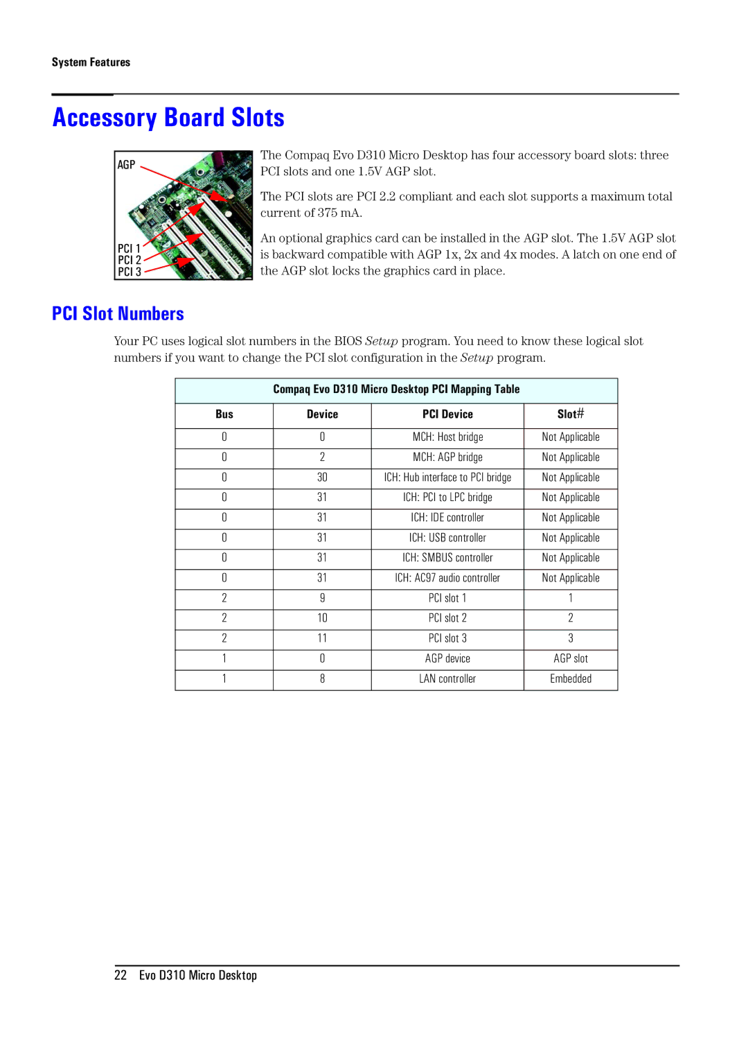 Compaq D310 manual Accessory Board Slots, PCI Slot Numbers 