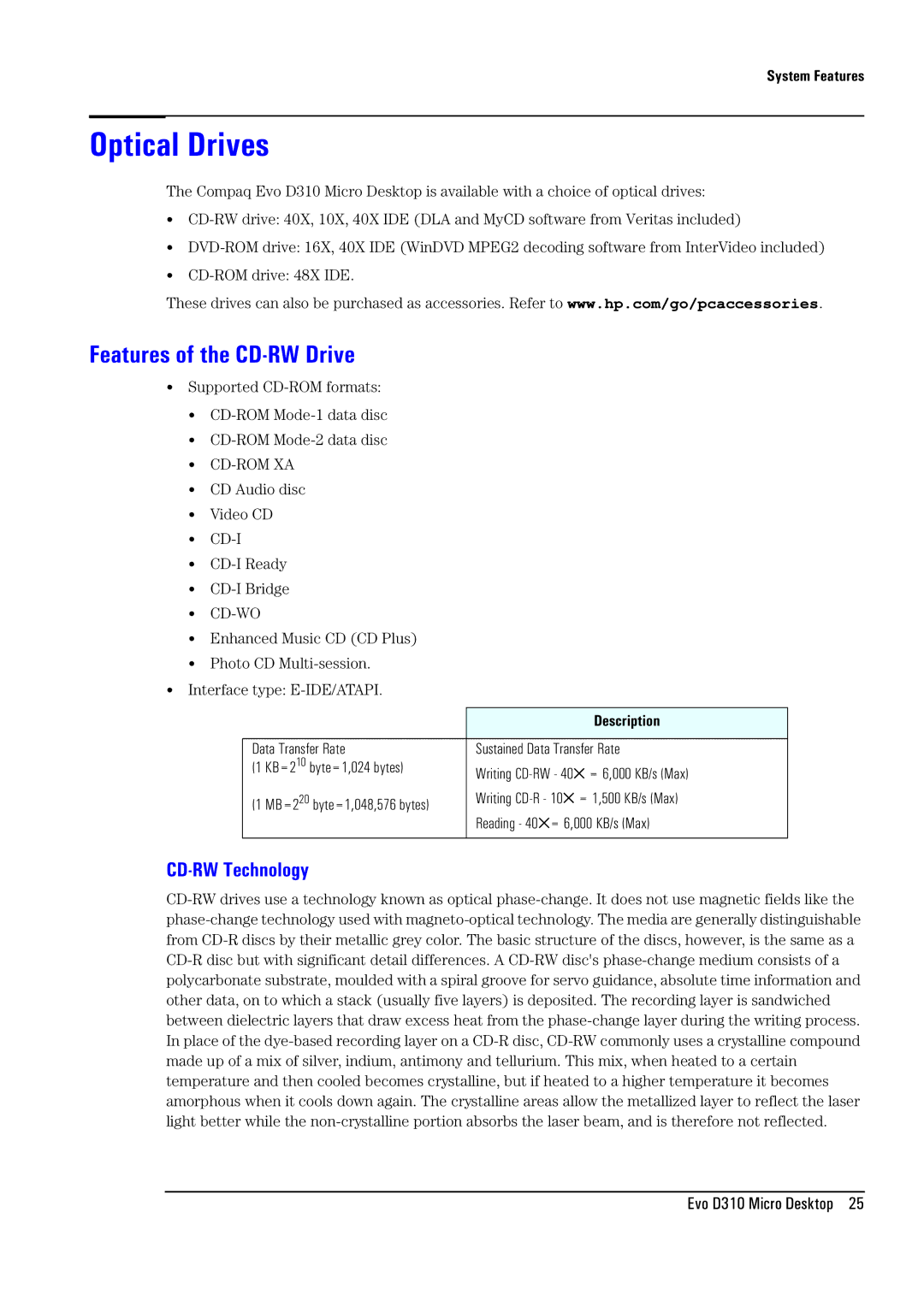 Compaq D310 manual Optical Drives, Features of the CD-RW Drive, CD-RW Technology, Writing CD-R 10 = 1,500 KB/s Max 