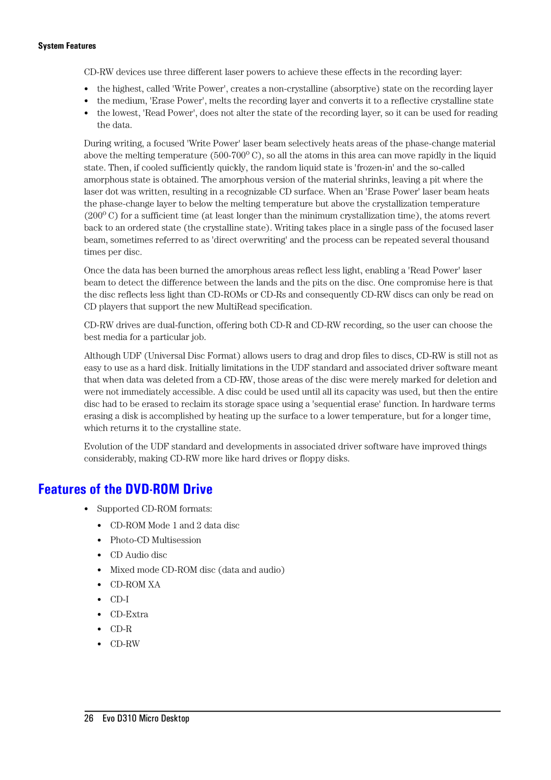 Compaq D310 manual Features of the DVD-ROM Drive 