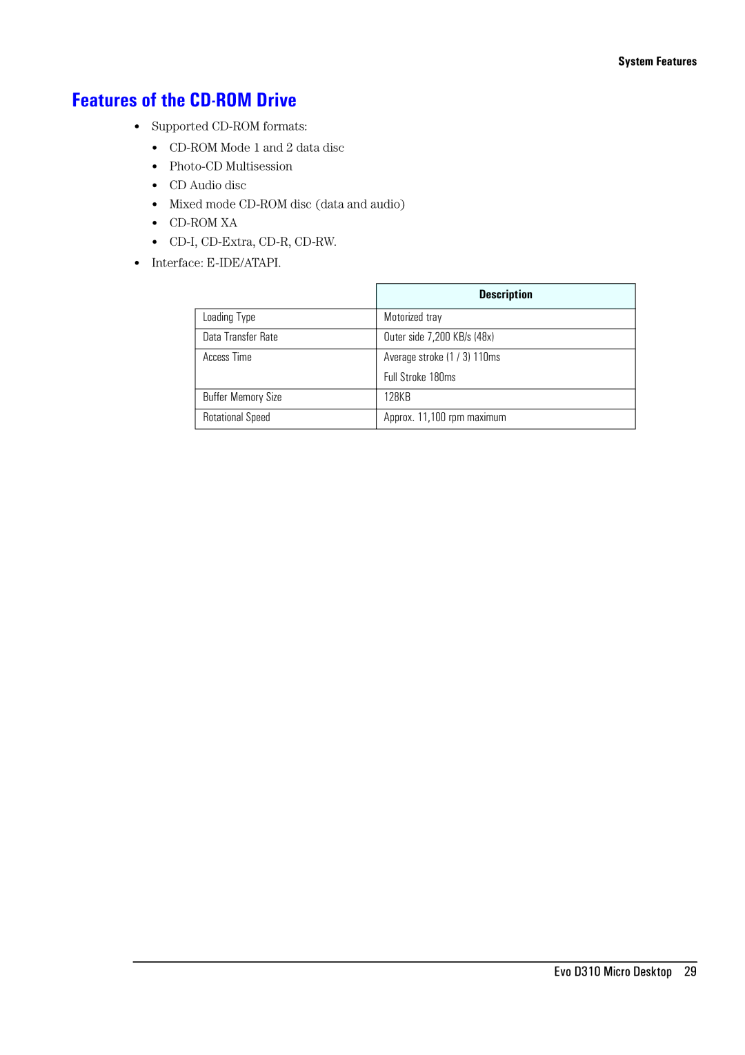 Compaq D310 manual Features of the CD-ROM Drive 