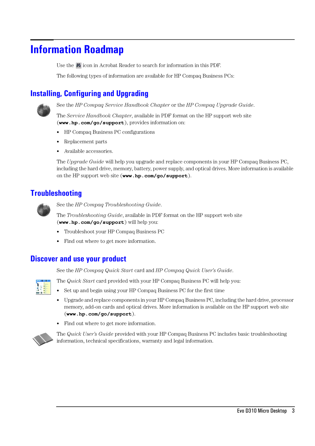 Compaq D310 Information Roadmap, Installing, Configuring and Upgrading, Troubleshooting, Discover and use your product 