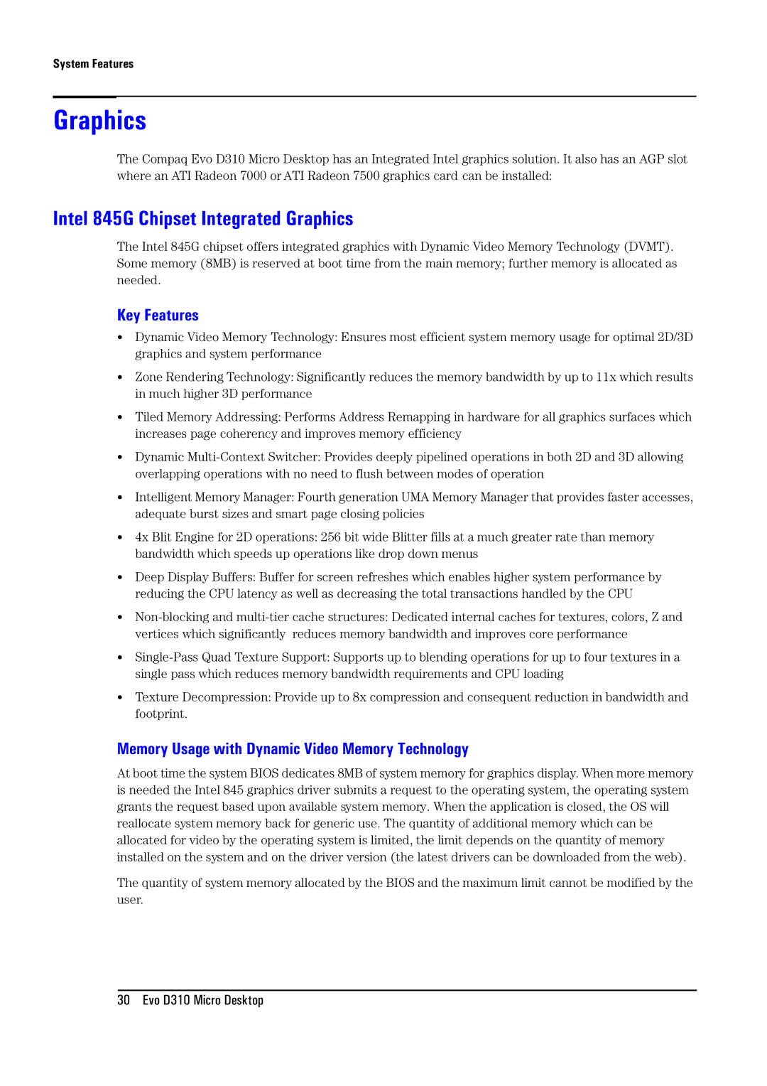 Compaq D310 Intel 845G Chipset Integrated Graphics, Key Features, Memory Usage with Dynamic Video Memory Technology 