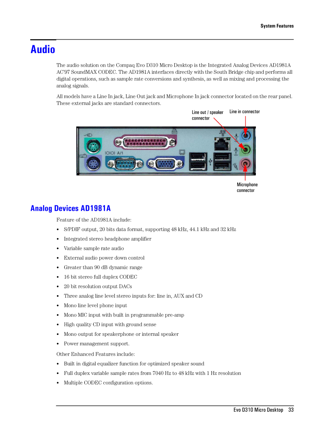 Compaq D310 manual Audio, Analog Devices AD1981A 